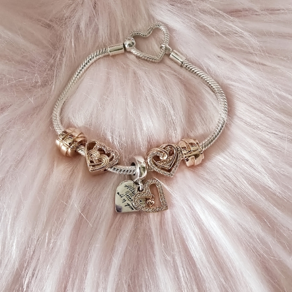 PANDORA Moments Heart Closure Snake Chain Bracelet with Charms.